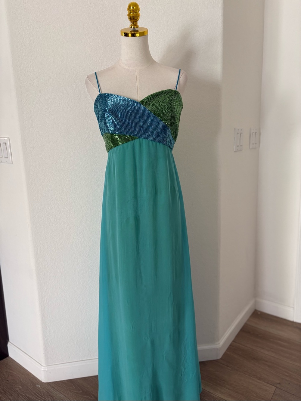 Teal and Green Sequin Bust Spaghetti-Strap Evening Dress